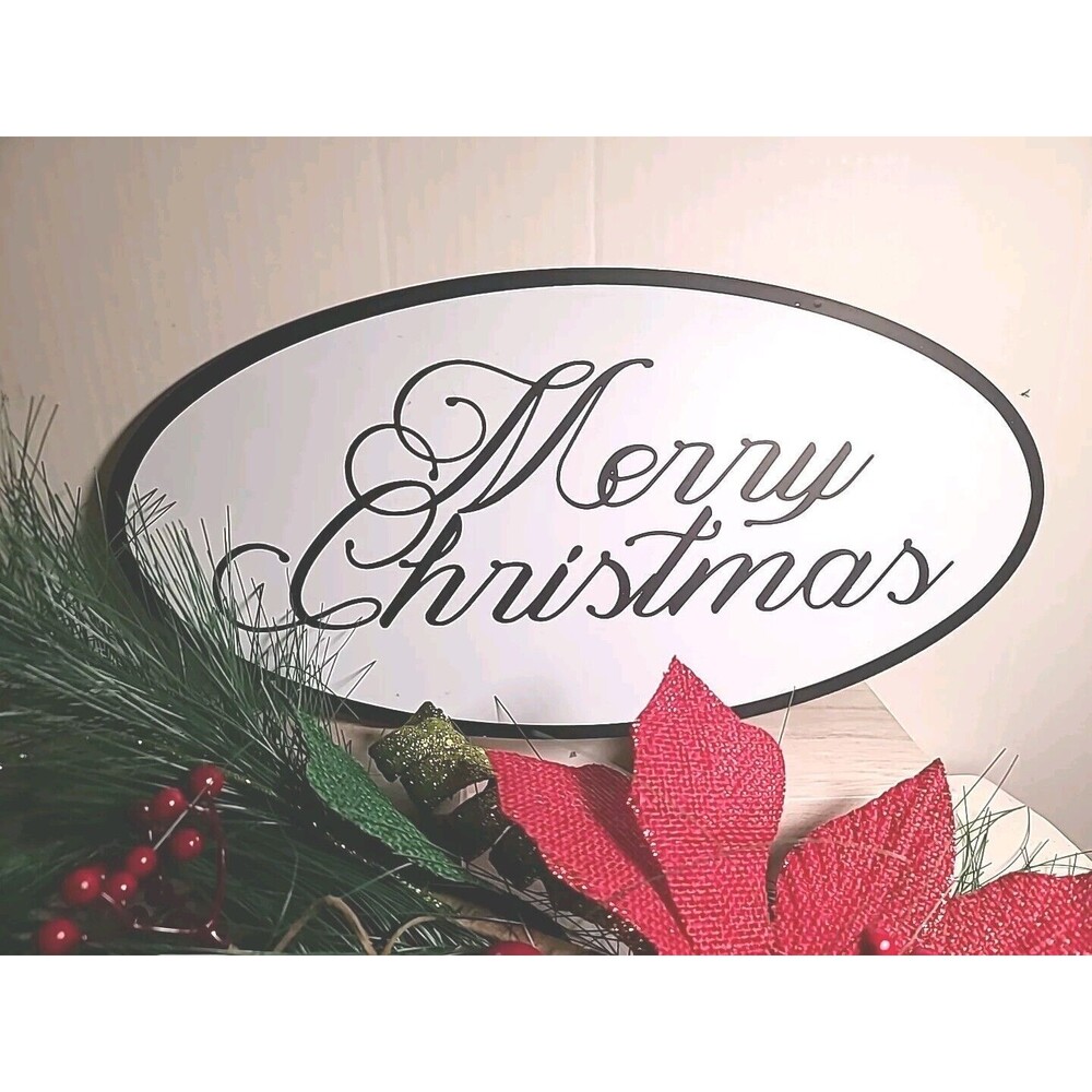 NWT 16" X 8" Merry Christmas Metal Sign Script, Double Hangers Farmhouse